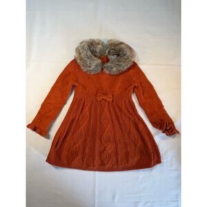 Tahari Baby Rust Orange Sweater Dress 2T Faux Fur Collar Bow Accent Cable Knit